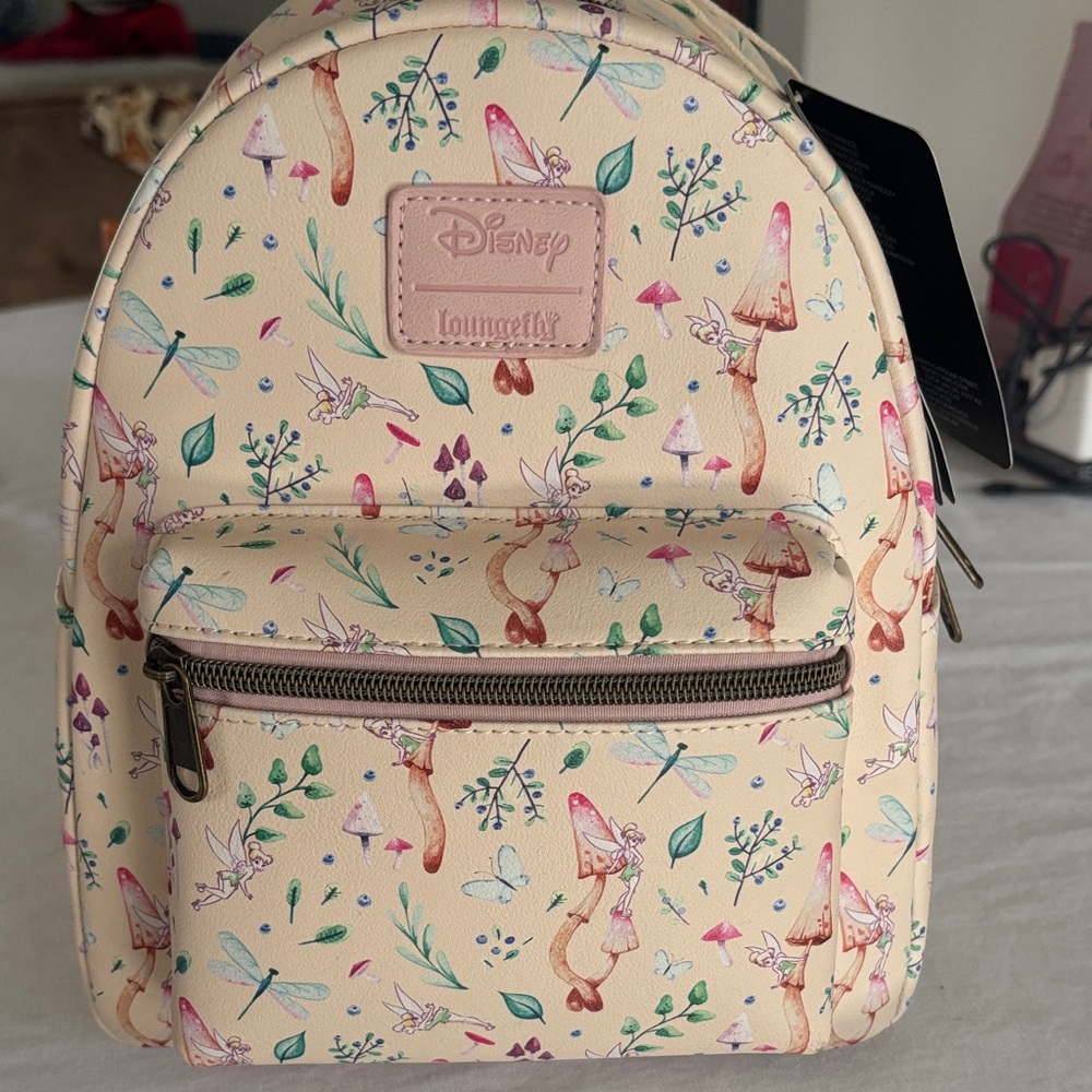 Disney Loungefly Cream Backpack with Fairy and Mushroom Design